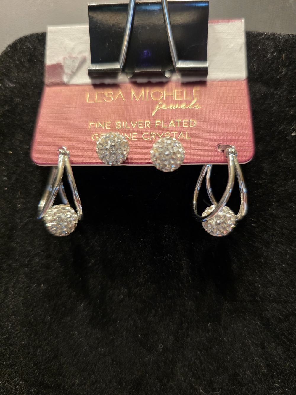 #391 Silver-Plated Crystal Stud and Drop Earring Set - Silver